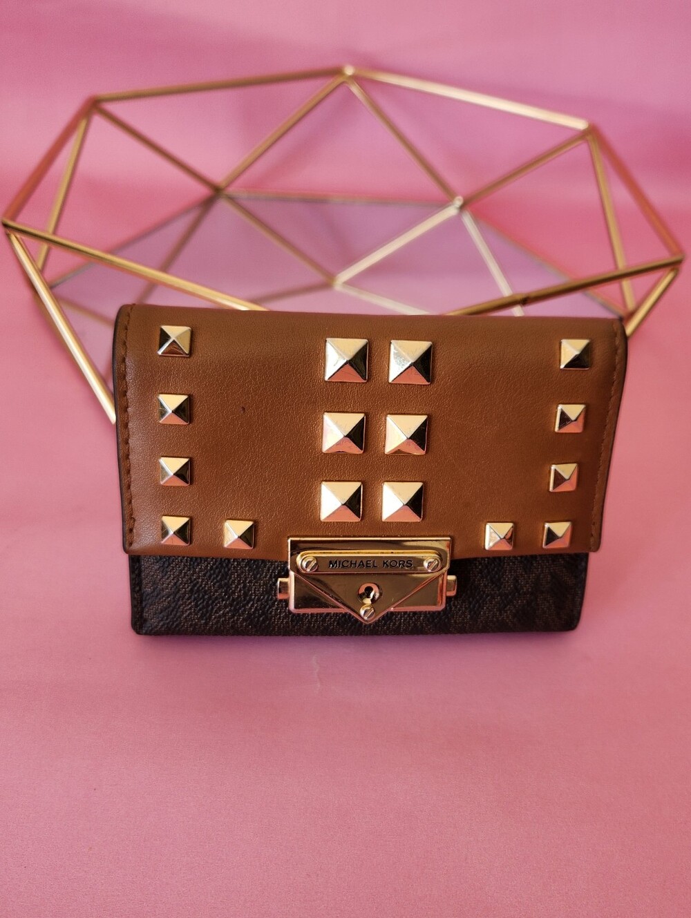 Michael Kors Studded Wristlet Wallet Brown Leather Zip Around Gold Tone